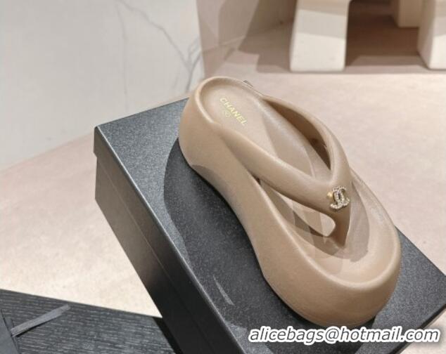 Generous Chanel Rubber Platform Slide Thong Sandals 4cm with CC Khaki 603156