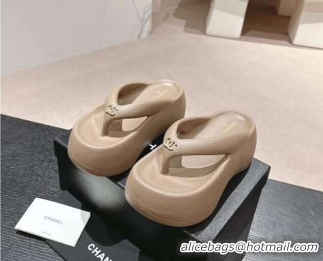 Generous Chanel Rubber Platform Slide Thong Sandals 4cm with CC Khaki 603156