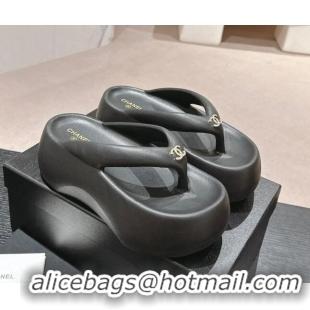 Durable Chanel Rubber Platform Slide Thong Sandals 4cm with CC Black 603158