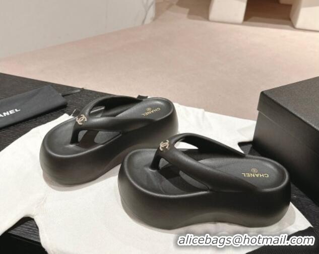 Durable Chanel Rubber Platform Slide Thong Sandals 4cm with CC Black 603158