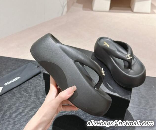 Durable Chanel Rubber Platform Slide Thong Sandals 4cm with CC Black 603158