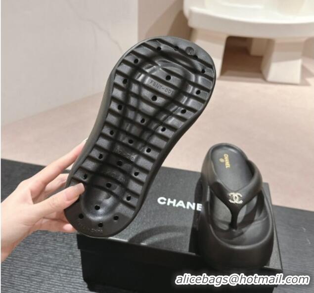 Durable Chanel Rubber Platform Slide Thong Sandals 4cm with CC Black 603158