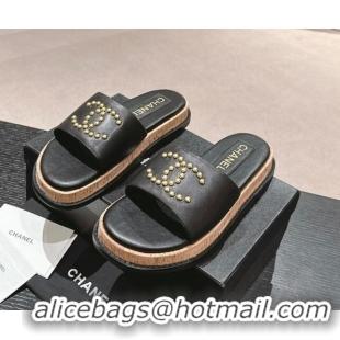 Top Design Chanel Calfskin Flat Slide Sandals with Studs CC Black 603159