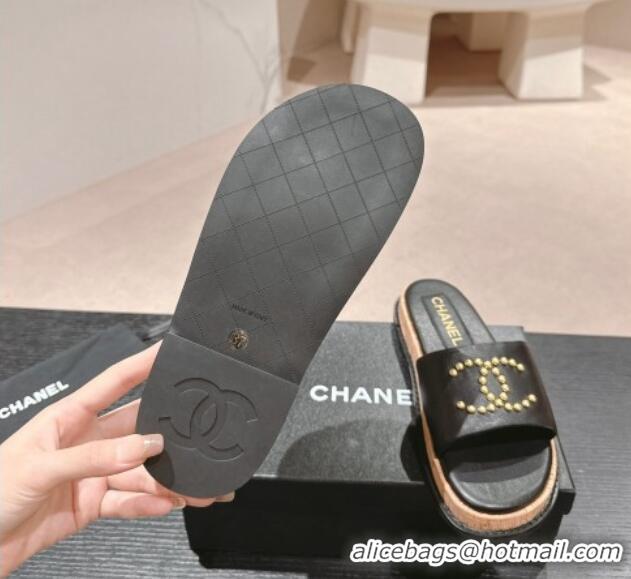 Top Design Chanel Calfskin Flat Slide Sandals with Studs CC Black 603159