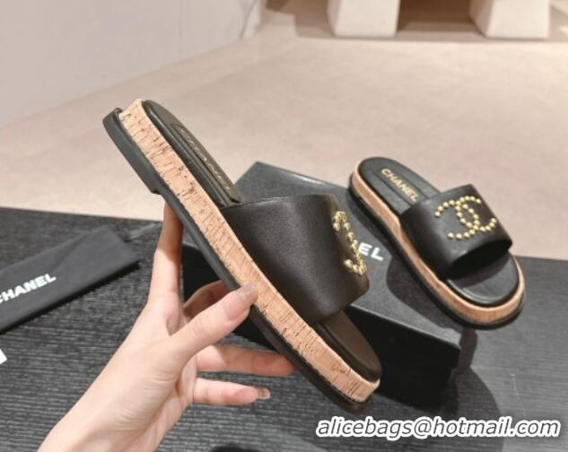 Top Design Chanel Calfskin Flat Slide Sandals with Studs CC Black 603159