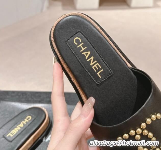 Top Design Chanel Calfskin Flat Slide Sandals with Studs CC Black 603159