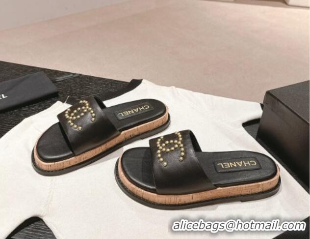 Top Design Chanel Calfskin Flat Slide Sandals with Studs CC Black 603159