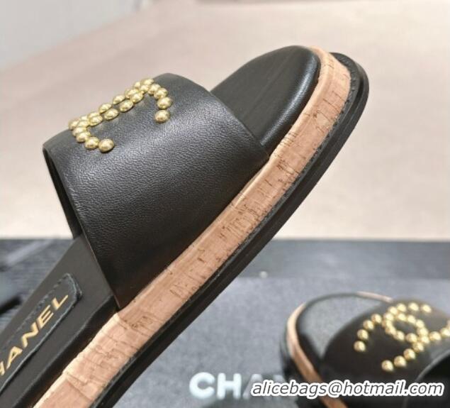 Top Design Chanel Calfskin Flat Slide Sandals with Studs CC Black 603159