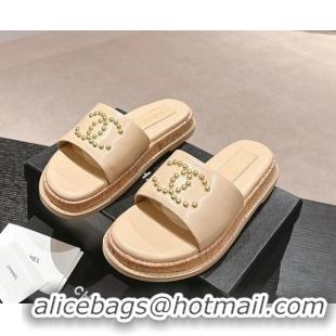 Good Product Chanel Calfskin Flat Slide Sandals with Studs CC Beige 603160