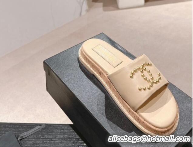 Good Product Chanel Calfskin Flat Slide Sandals with Studs CC Beige 603160