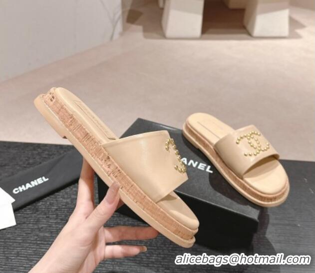 Good Product Chanel Calfskin Flat Slide Sandals with Studs CC Beige 603160