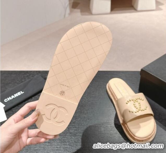 Good Product Chanel Calfskin Flat Slide Sandals with Studs CC Beige 603160