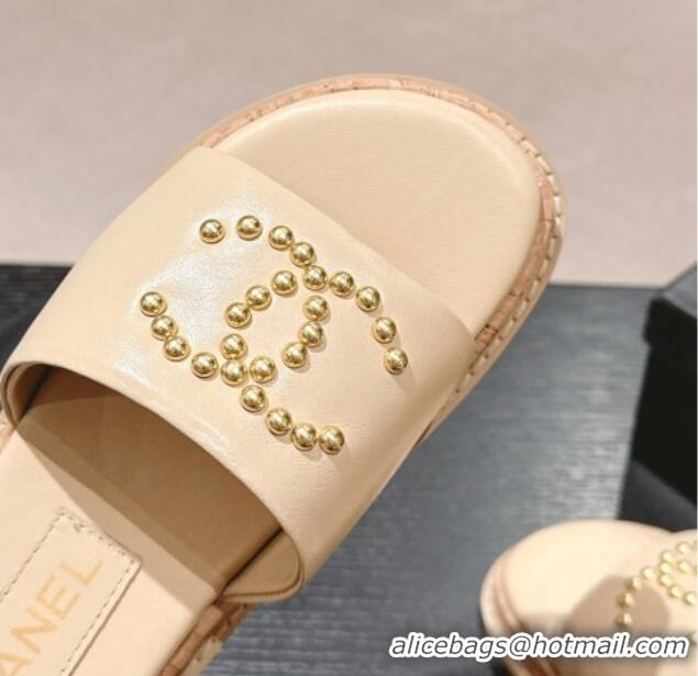 Good Product Chanel Calfskin Flat Slide Sandals with Studs CC Beige 603160