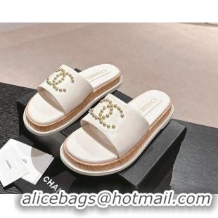 Most Popular Chanel Calfskin Flat Slide Sandals with Studs CC White 603161