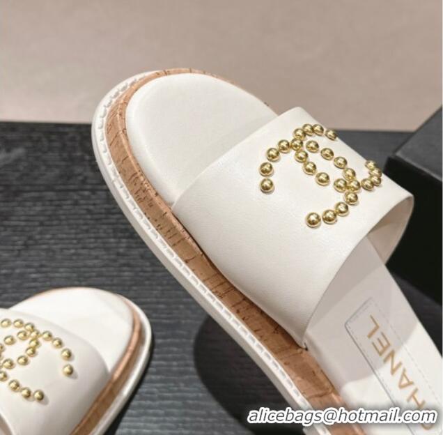 Most Popular Chanel Calfskin Flat Slide Sandals with Studs CC White 603161