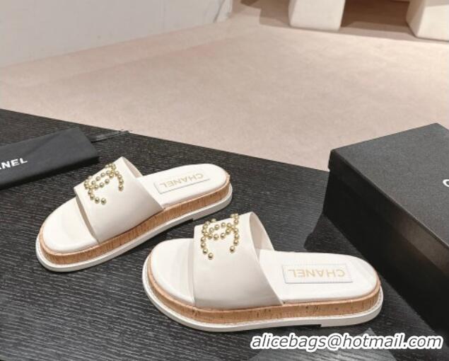 Most Popular Chanel Calfskin Flat Slide Sandals with Studs CC White 603161