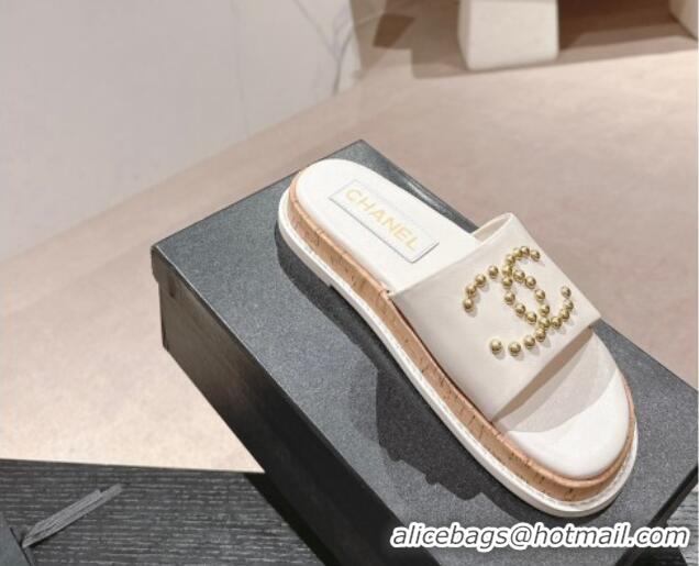 Most Popular Chanel Calfskin Flat Slide Sandals with Studs CC White 603161