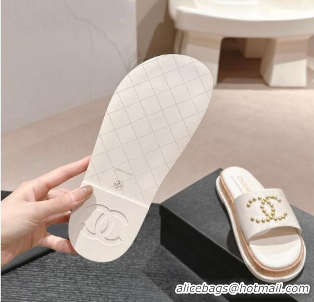 Most Popular Chanel Calfskin Flat Slide Sandals with Studs CC White 603161