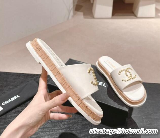 Most Popular Chanel Calfskin Flat Slide Sandals with Studs CC White 603161