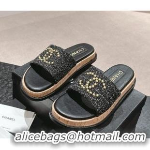 Low Cost Chanel Tweed Flat Slide Sandals with Studs CC Black 603162