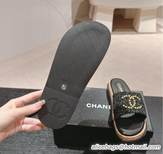 Low Cost Chanel Tweed Flat Slide Sandals with Studs CC Black 603162