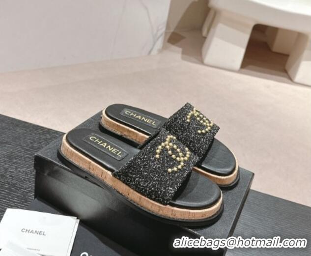 Low Cost Chanel Tweed Flat Slide Sandals with Studs CC Black 603162