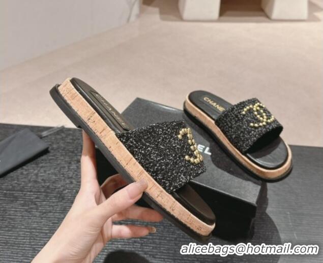 Low Cost Chanel Tweed Flat Slide Sandals with Studs CC Black 603162