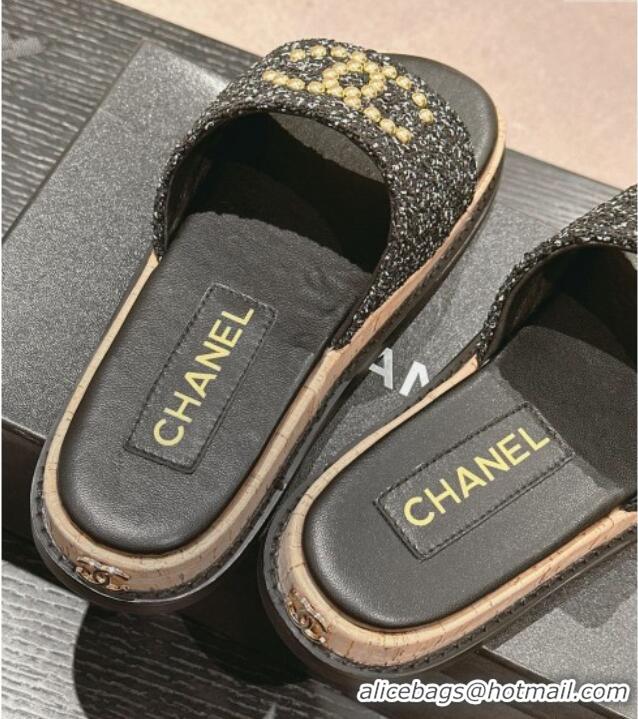 Low Cost Chanel Tweed Flat Slide Sandals with Studs CC Black 603162