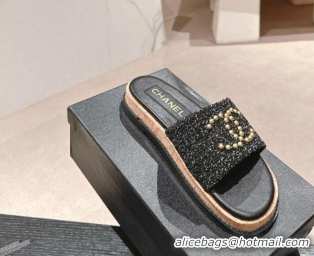 Low Cost Chanel Tweed Flat Slide Sandals with Studs CC Black 603162