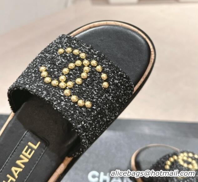 Low Cost Chanel Tweed Flat Slide Sandals with Studs CC Black 603162