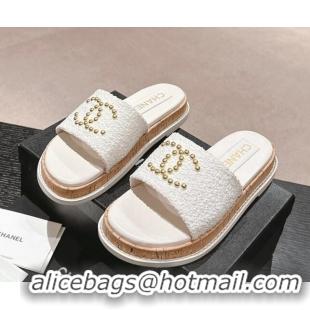 Big Discount Chanel Tweed Flat Slide Sandals with Studs CC White 603163