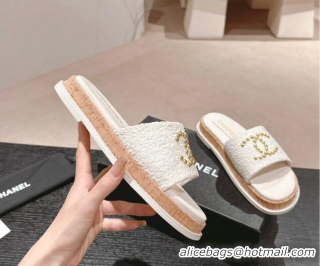 Big Discount Chanel Tweed Flat Slide Sandals with Studs CC White 603163