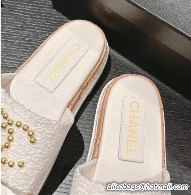 Big Discount Chanel Tweed Flat Slide Sandals with Studs CC White 603163