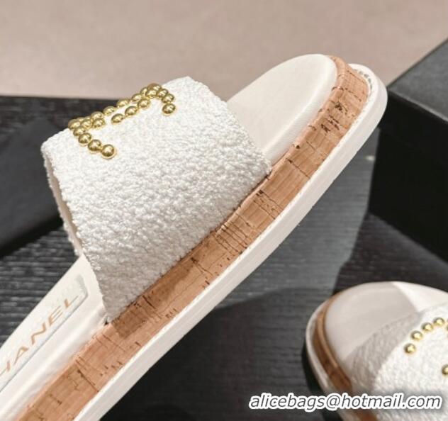 Big Discount Chanel Tweed Flat Slide Sandals with Studs CC White 603163