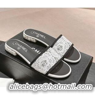 Luxurious Chanel Lace Flat Slide Sandals White 603164