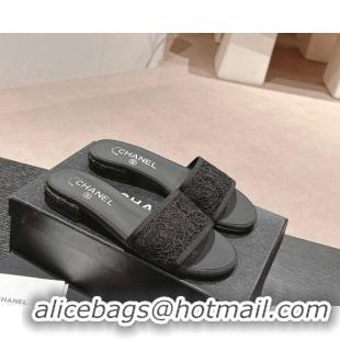 Well Crafted Chanel Lace Flat Slide Sandals Black 603165