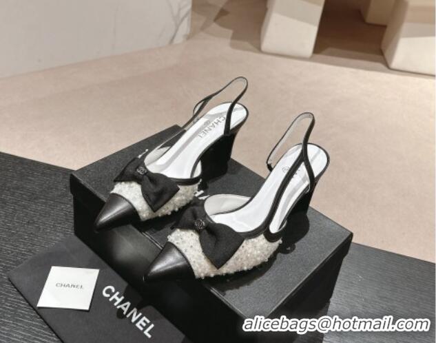 Best Price Chanel Tweed Slingback Pumps 6cm with Pearls , Sequins and Bow White 603166