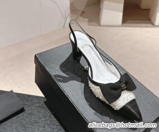 Best Price Chanel Tweed Slingback Pumps 6cm with Pearls , Sequins and Bow White 603166