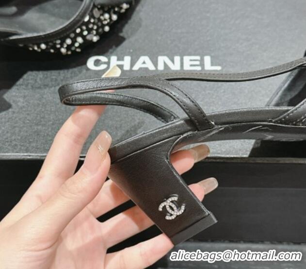 Luxury Chanel Tweed Slingback Pumps 6cm with Pearls , Sequins and Bow Black 603167