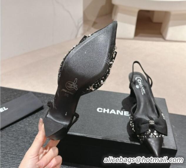 Luxury Chanel Tweed Slingback Pumps 6cm with Pearls , Sequins and Bow Black 603167