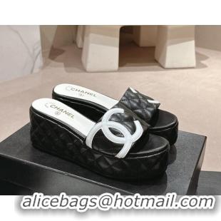 Good Quality Chanel Quilted Lambskin Platform Slide Sandals 6cm with Side CC Black 603168