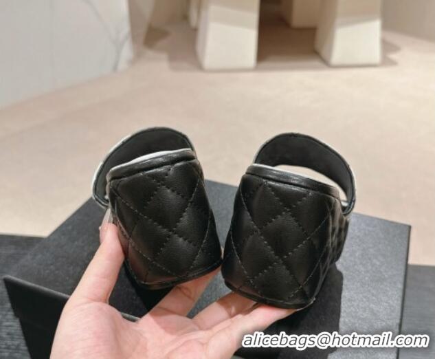 Good Quality Chanel Quilted Lambskin Platform Slide Sandals 6cm with Side CC Black 603168