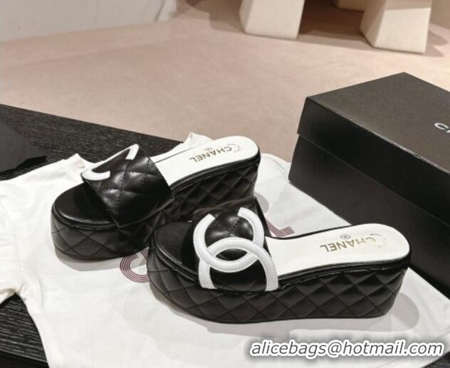 Good Quality Chanel Quilted Lambskin Platform Slide Sandals 6cm with Side CC Black 603168