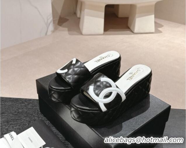 Good Quality Chanel Quilted Lambskin Platform Slide Sandals 6cm with Side CC Black 603168