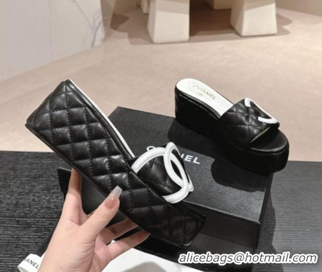 Good Quality Chanel Quilted Lambskin Platform Slide Sandals 6cm with Side CC Black 603168