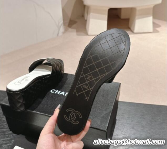 Good Quality Chanel Quilted Lambskin Platform Slide Sandals 6cm with Side CC Black 603168