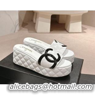 Top Grade Chanel Quilted Lambskin Platform Slide Sandals 6cm with Side CC White 603169