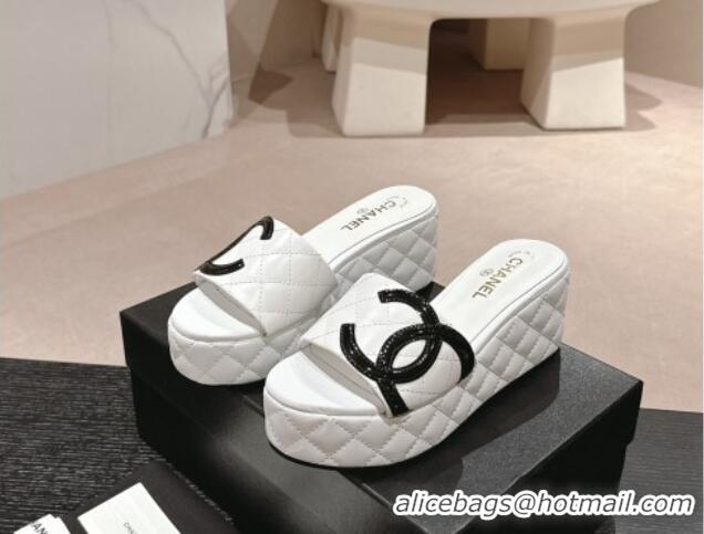 Top Grade Chanel Quilted Lambskin Platform Slide Sandals 6cm with Side CC White 603169