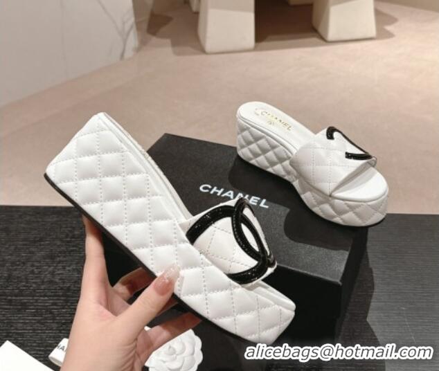 Top Grade Chanel Quilted Lambskin Platform Slide Sandals 6cm with Side CC White 603169