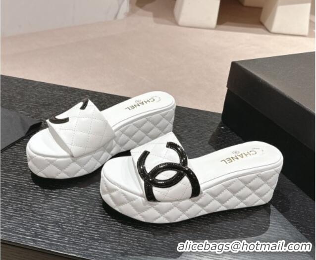 Top Grade Chanel Quilted Lambskin Platform Slide Sandals 6cm with Side CC White 603169